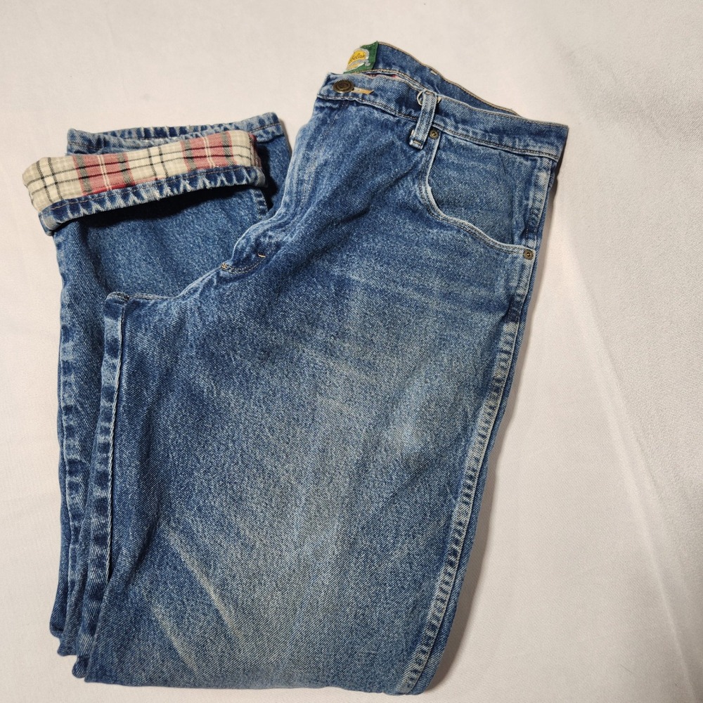 Cabelas Roughneck Mens Flannel Lined Jeans Blue Denim Plaid 38x33 901288B winter